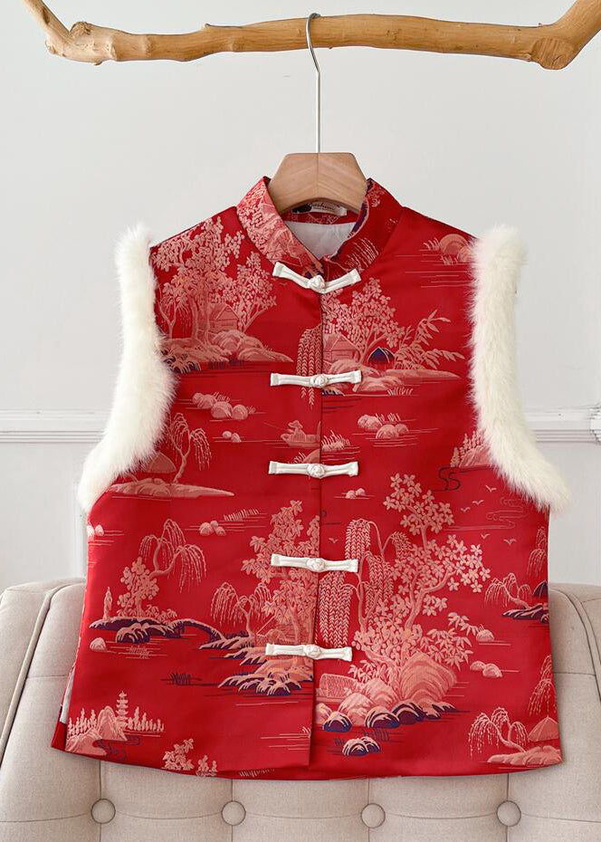 New Red Fluffy Print Patchwork Thick Waistcoat Sleeveless