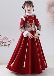 New Red Fur Collar Embroideried Button Warm Fleece Girls Maxi Dresses Winter