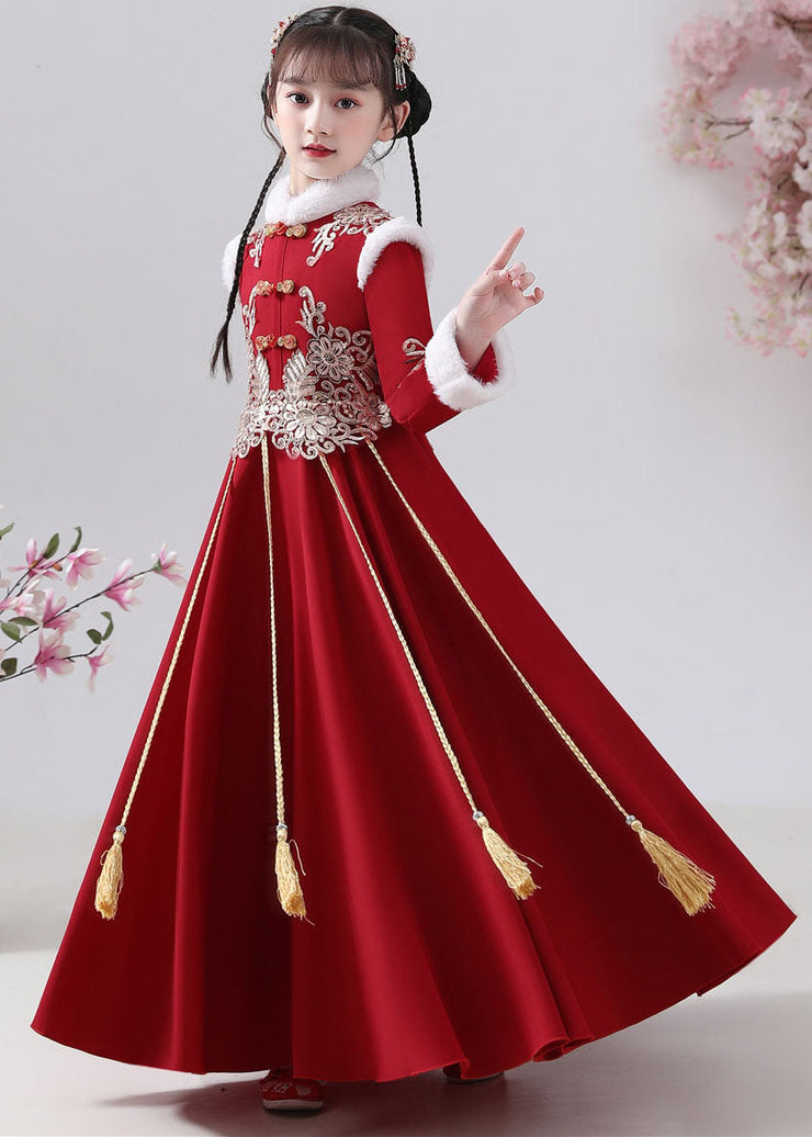 New Red Fur Collar Embroideried Button Warm Fleece Girls Maxi Dresses Winter