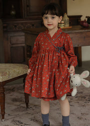 New Red Lace Up Wrinkled Print Patchwork Cotton Kids Girls Dresses Fall