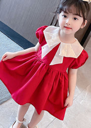 New Red Nail Bead Wrinkled Patchwork Cotton Baby Girls Dress Summer