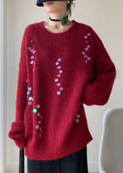 New Red O Neck Sequins Thick Cotton Knit Sweaters Winter