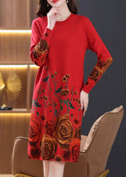 New Red Print Side Open Wool Knit Dresses Long Sleeve