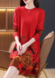 New Red Print Side Open Wool Knit Dresses Long Sleeve