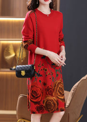 New Red Print Side Open Wool Knit Dresses Long Sleeve