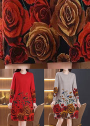 New Red Print Side Open Wool Knit Dresses Long Sleeve