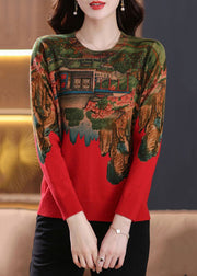 New Red Print Zircon Patchwork Knit Top Spring