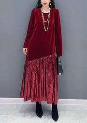 New Red Solid Patchwork Silk Velvet Long Dress Long Sleeve