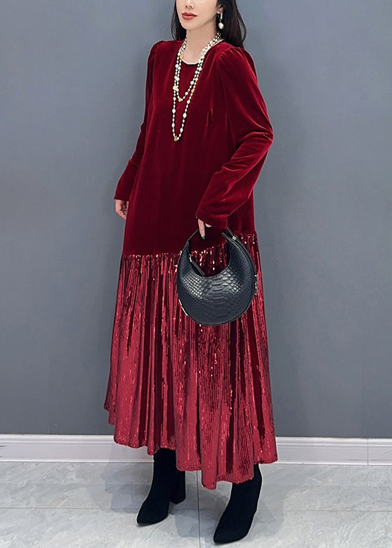 New Red Solid Patchwork Silk Velvet Long Dress Long Sleeve