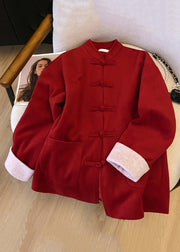 New Red Stand Collar Button Pockets Thick Woolen Coats Winter