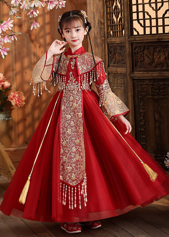 New Red Stand Collar Embroideried Tassel Tulle Kids Long Dress Fall