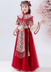 New Red Stand Collar Embroideried Tassel Tulle Kids Long Dress Fall