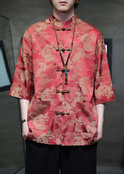 New Red Stand Collar Print Ice Silk Men Shirts Half Sleeve