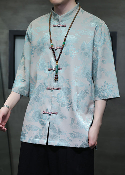 New Red Stand Collar Print Ice Silk Men Shirts Half Sleeve