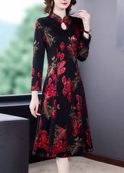 New Red Stand Collar Print Silk Velour Dress Long Sleeve