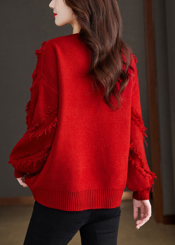 New Red Tasseled Cozy Wool Knit Sweater Fall