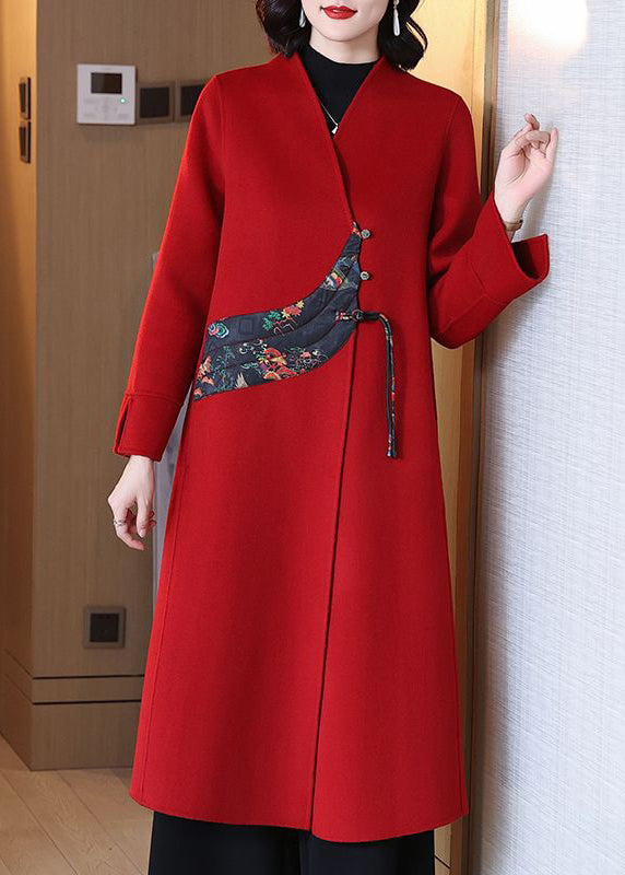 New Red V Neck Button Patchwork Wool Coats Long Sleeve