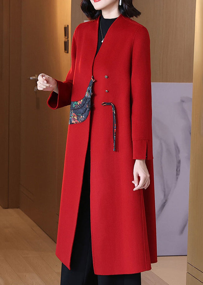 New Red V Neck Button Patchwork Wool Coats Long Sleeve