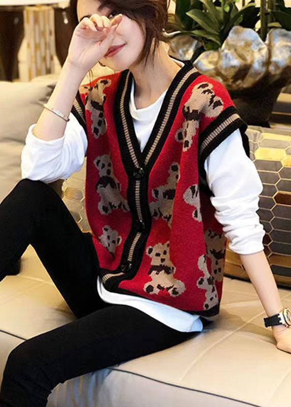 New Red V Neck Cartoon Print Patchwork Knit Vest Sleeveless