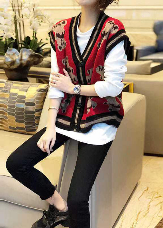 New Red V Neck Cartoon Print Patchwork Knit Vest Sleeveless