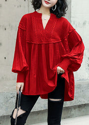 New Red V Neck Wrinkled Knit Patchwork Top Lantern Sleeve