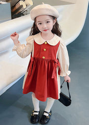 New Red Wrinkled False Two Pieces Cotton Girls Dresses Fall