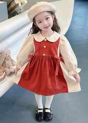 New Red Wrinkled False Two Pieces Cotton Girls Dresses Fall