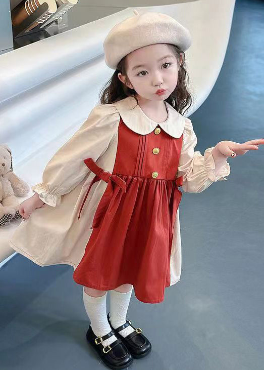 New Red Wrinkled False Two Pieces Cotton Girls Dresses Fall