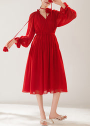 New Red Wrinkled Lace Up Chiffon Dress Fall