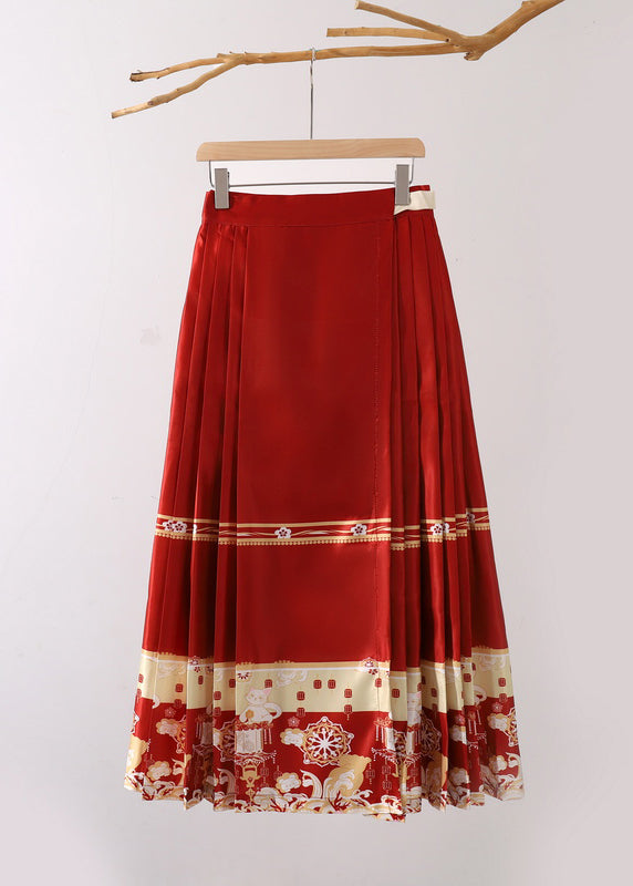 New Red Wrinkled Lace Up Print Cotton Skirts Fall