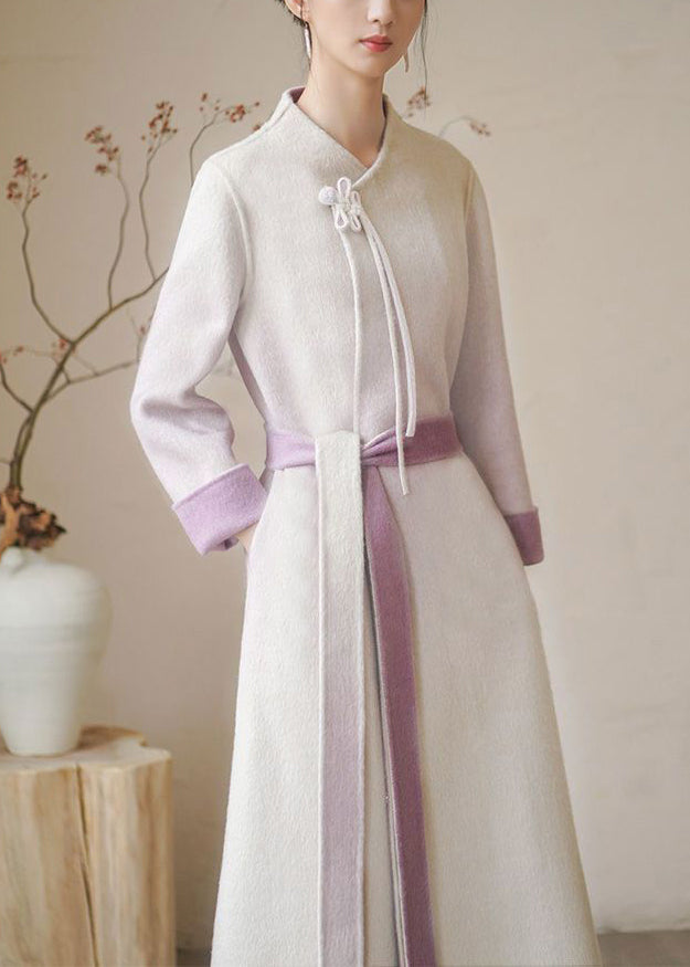 New Retro Beige Tasseled Pockets Tie Waist Woolen Coat Winter