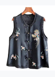 New Retro Black Embroideried Chinese Button Silk Vest Sleeveless