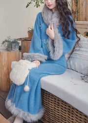 New Retro Blue Embroideried Fur Patchwork Two Pieces Spring