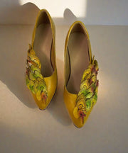 New Retro Ethnic Style Yellow Pointed Toe Cowhide Leather Shoes