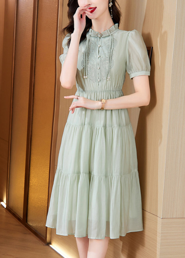 New Retro Light Green Ruffled Tasseled Embroidered Cotton Dress Summer