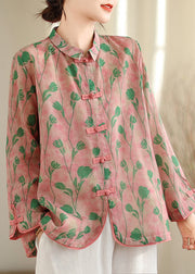 New Retro Pink Peter Pan Collar Print Chinese Button Cotton Shirts Top Fall