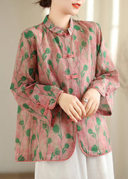 New Retro Pink Peter Pan Collar Print Chinese Button Cotton Shirts Top Fall