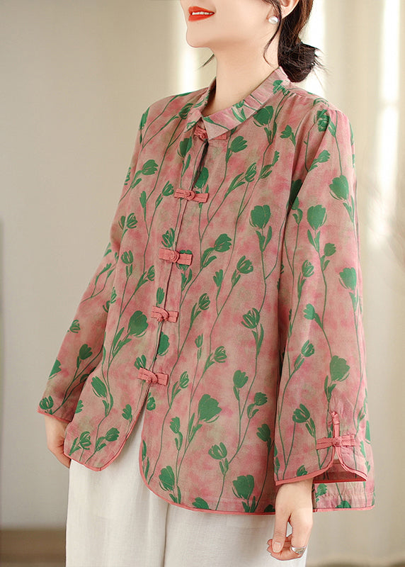 New Retro Pink Peter Pan Collar Print Chinese Button Cotton Shirts Top Fall