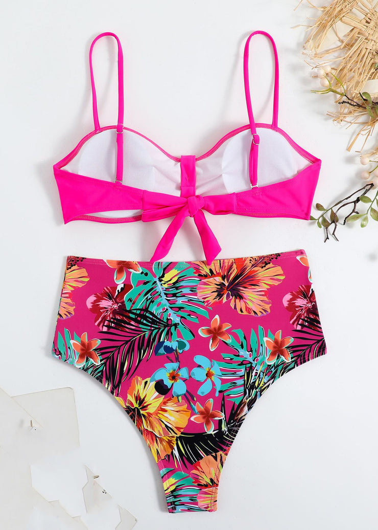 New Rose Print Backless Swimwear Two Pieces Set