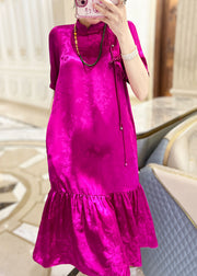 New Rose Stand Collar Button Pockets Silk Dresses Summer