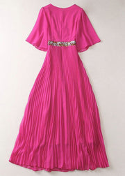 New Rose V Neck Sequins Wrinkled Chiffon Dress Half Sleeve