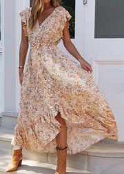 New Ruffled Lace Up Print Chiffon Dresses Summer