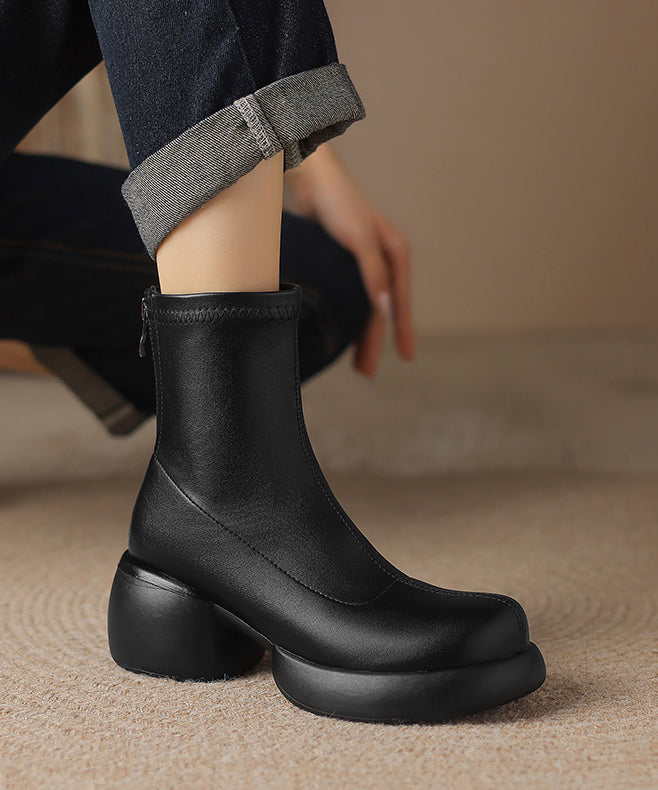 New Simple Black Zippered Splicing Chunky Boots