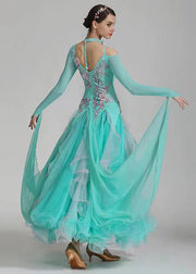 New Slim Aqua Zircon Ruffled Patchwork Dance Dress Long Sleeve