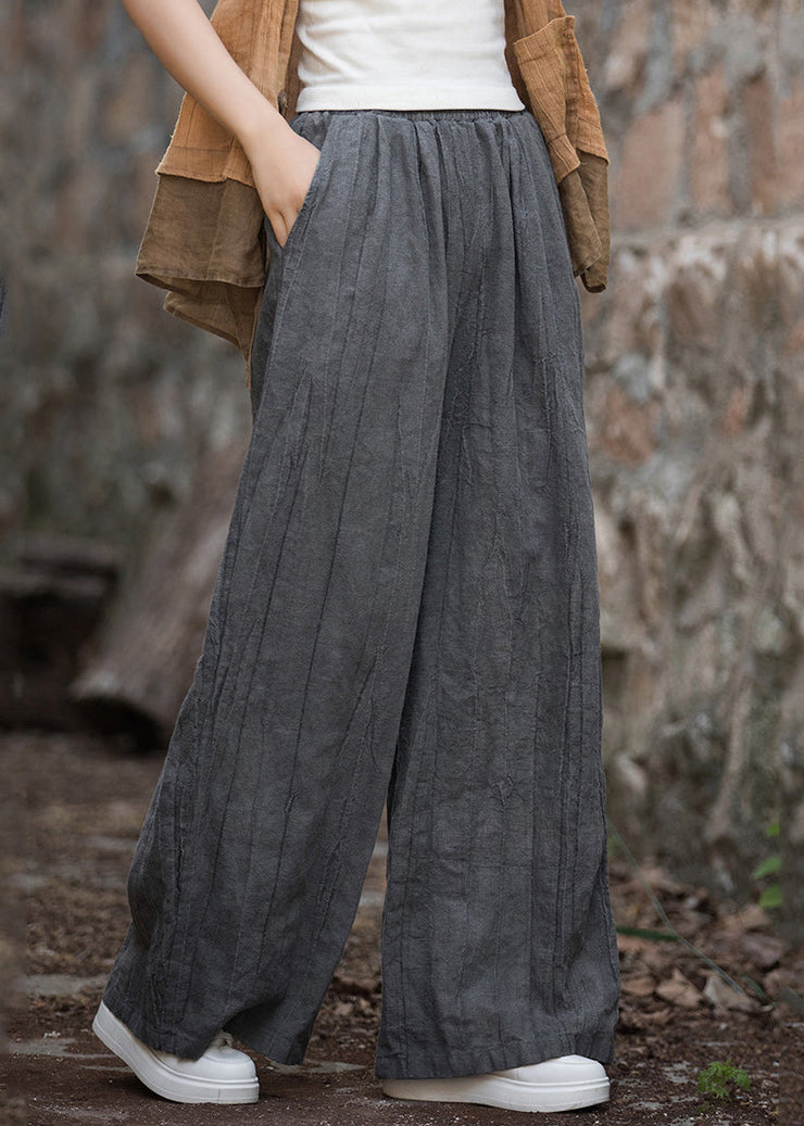 New Smoke Grey Wrinkled Elastic Waist Linen Pants Fall