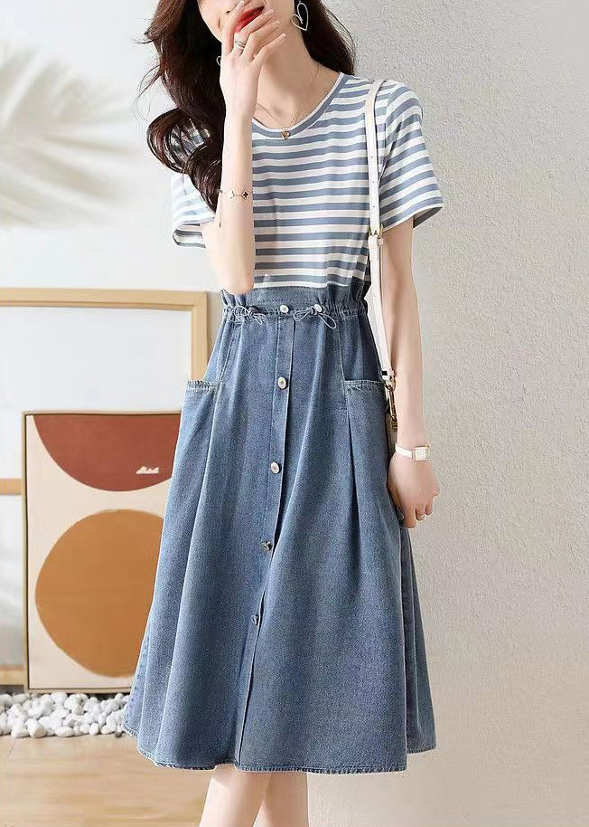 New Striped Drawstring Pockets Patchwork Cotton Dresses Summer