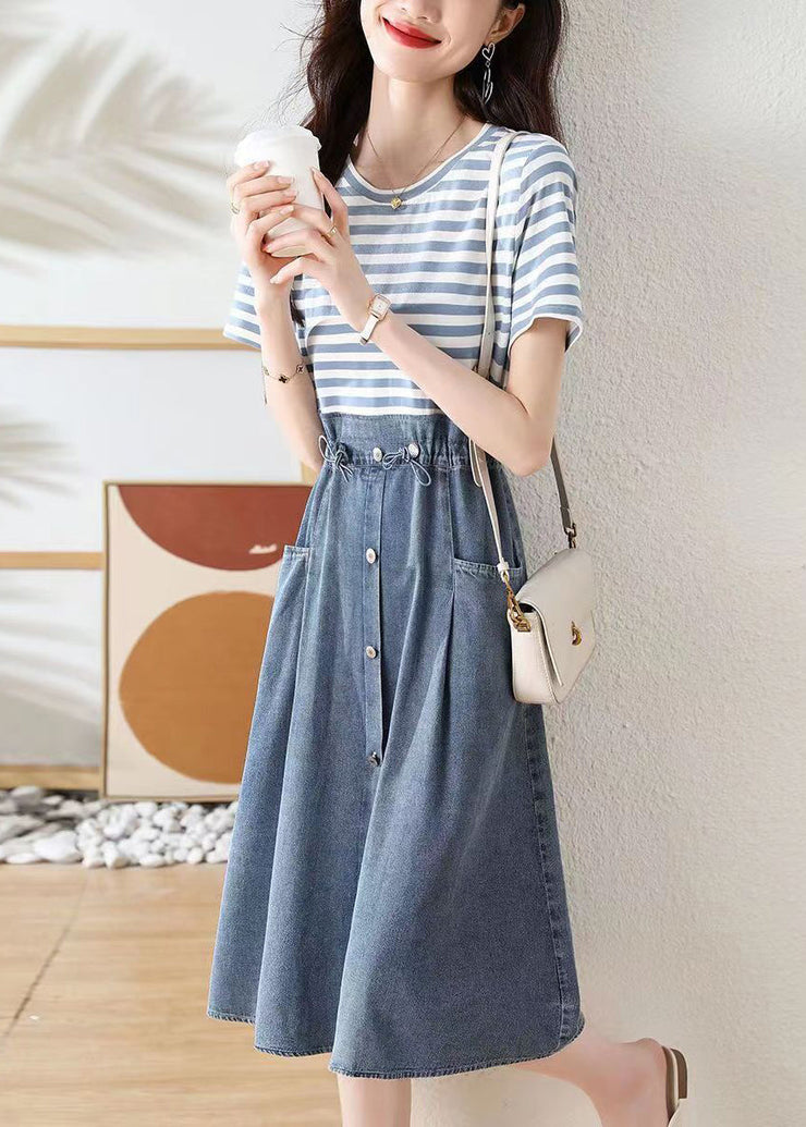 New Striped Drawstring Pockets Patchwork Cotton Dresses Summer