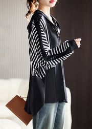 New Striped Hooded Knit Patchwork Chiffon Top Batwing Sleeve