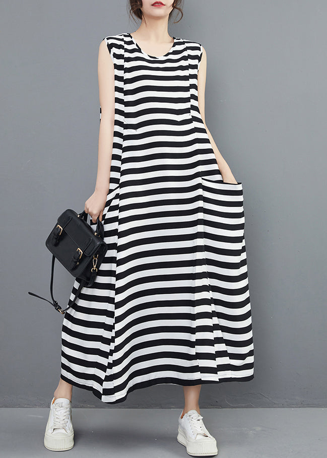 New Striped O Neck Pockets Side Open Cotton Long Dresses Sleeveless