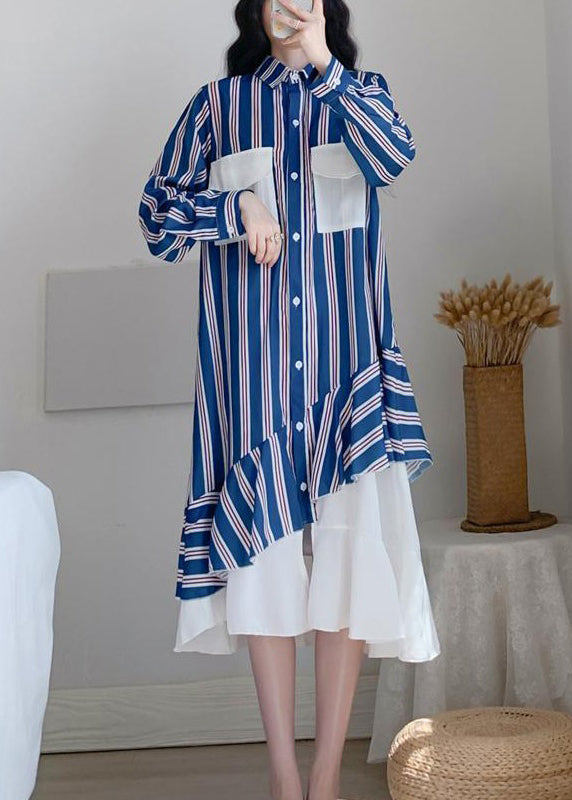 New Striped Peter Pan Collar Button Patchwork Chiffon Long Dress Spring